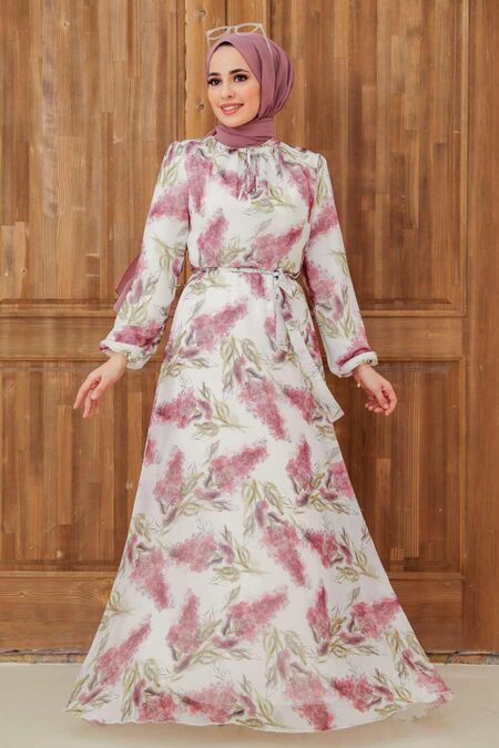 Ecru Hijab Dress 279066E - NEVA STYLE