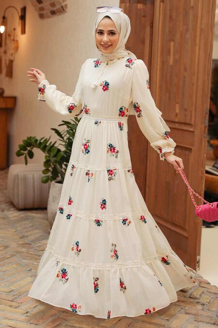 Ecru Hijab Dress 32810E - NEVA STYLE