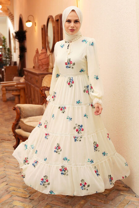 Ecru Hijab Dress 32811E - NEVA STYLE