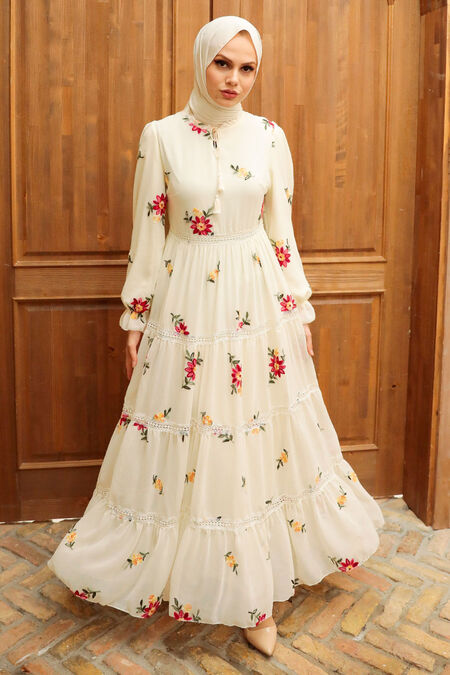 Ecru Hijab Dress 32812E - NEVA STYLE
