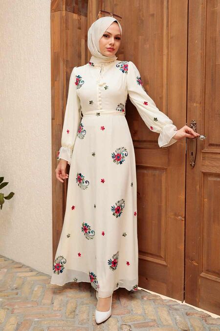 Ecru Hijab Dress 32943E - NEVA STYLE