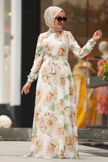 Ecru Hijab Dress 815407E - NEVA STYLE