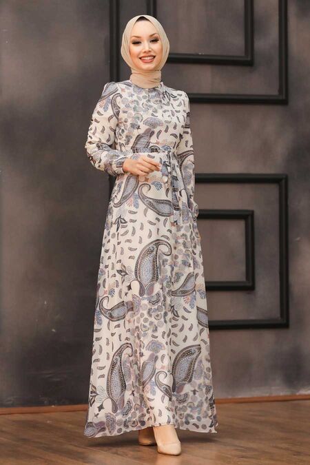 Ecru Hijab Dress 81549E - NEVA STYLE