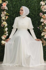 Ecru Hijab Evening Dress 1101E - 2