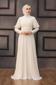 Ecru Hijab Evening Dress 1101E - 4