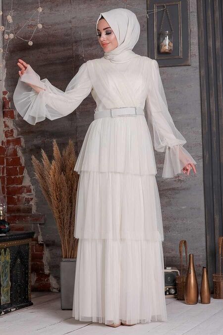 Ecru Hijab Evening Dress 21320E - NEVA STYLE