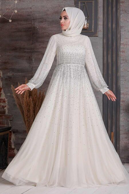 Ecru Hijab Evening Dress 21501E - NEVA STYLE