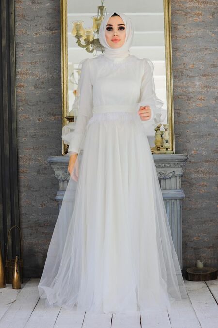 Ecru Hijab Evening Dress 21720E - NEVA STYLE