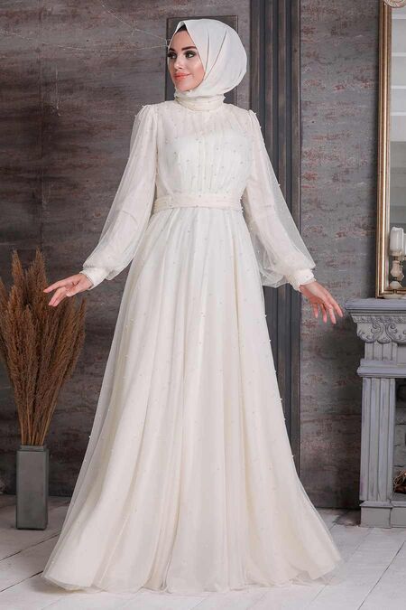 Ecru Hijab Evening Dress 2176E - NEVA STYLE