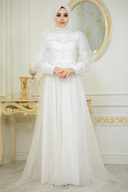 Ecru Hijab Evening Dress 21790E - NEVA STYLE