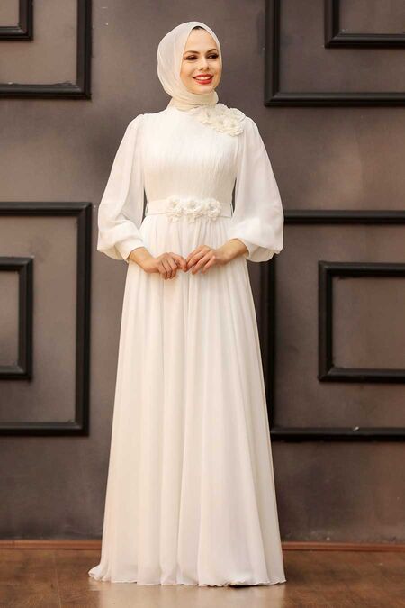 Ecru Hijab Evening Dress 21951E - Neva-style.com
