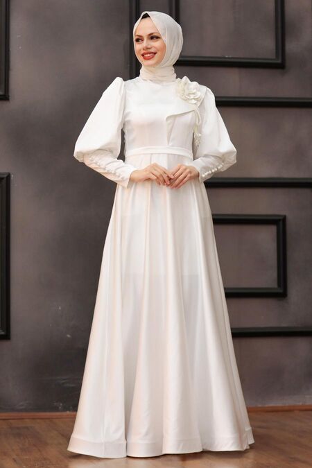  Satin Ecru Muslim Engagement Dress 22080E - NEVA STYLE