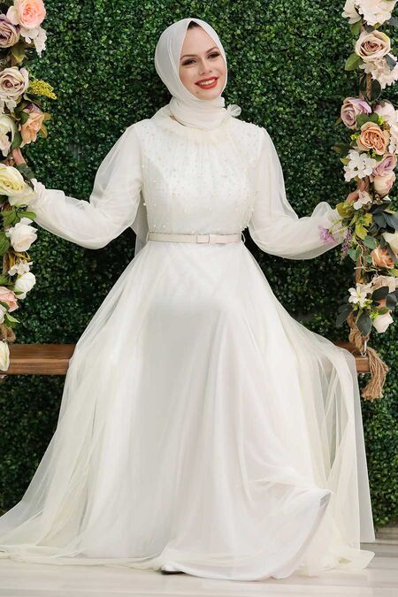  Long Ecru Hijab Engagement Gown 2712E - NEVA STYLE