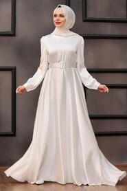  Satin Ecru Islamic Evening Gown 28890E - 1