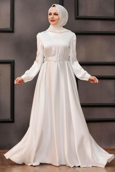  Satin Ecru Islamic Evening Gown 28890E - NEVA STYLE