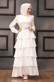  Ecru Turkish Hijab Muslim Evening Dress 3037E - 2