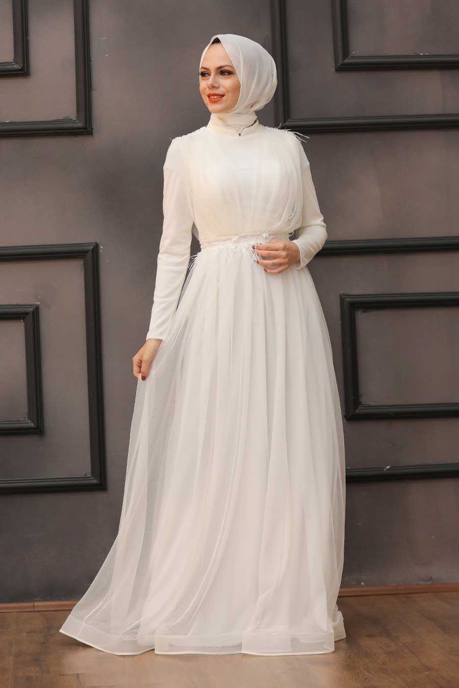 Ecru Hijab Evening Dress 3445E - Neva-style.com