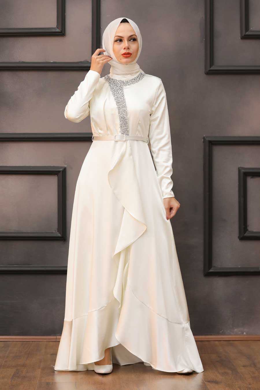 Ecru Hijab Evening Dress 3513E - Neva-style.com
