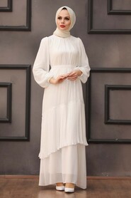 Ecru Hijab Evening Dress 40602E - 1