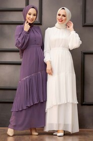Ecru Hijab Evening Dress 40602E - 3