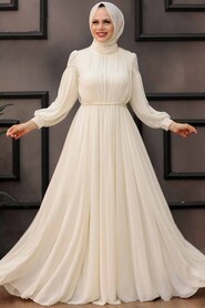 Ecru Hijab Evening Dress 4071E - 3