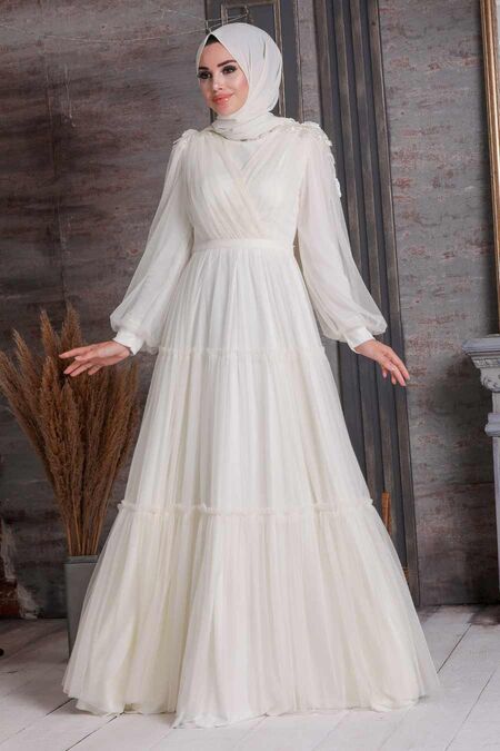 Ecru Hijab Evening Dress 4072E - NEVA STYLE
