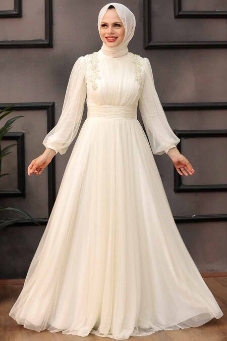  Ecru Turkish Hijab Wedding Dress 41740E - NEVA STYLE