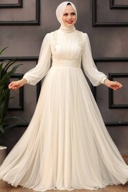  Ecru Turkish Hijab Wedding Dress 41740E - 2