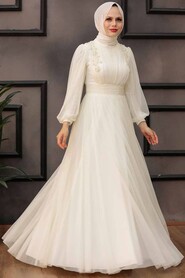  Ecru Turkish Hijab Wedding Dress 41740E - 4