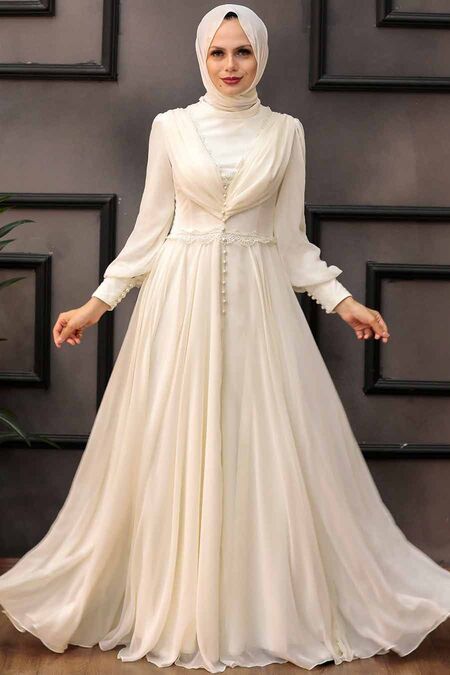  Long Ecru Islamic Engagement Gown 4312E - NEVA STYLE
