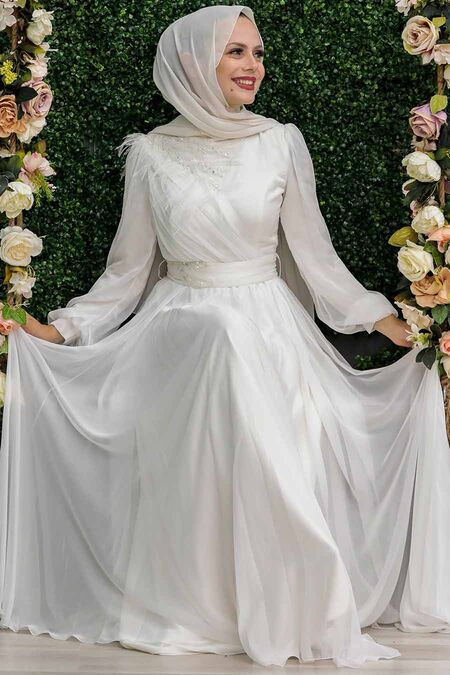  Luxorious Ecru Muslim Fashion Evening Dress 43170E - NEVA STYLE