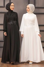 Ecru Hijab Evening Dress 52785E - 3
