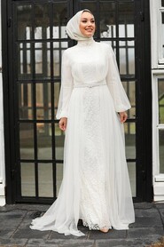 Neva Style - Luxorious Ecru Islamic Evening Gown 5383E - Thumbnail