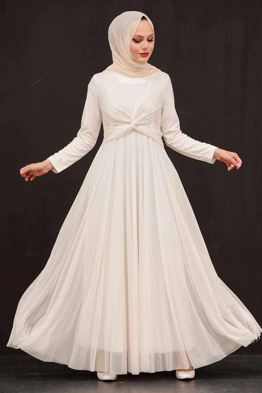 Neva Style - Plus Size Ecru Islamic Clothing Evening Dress 5397E