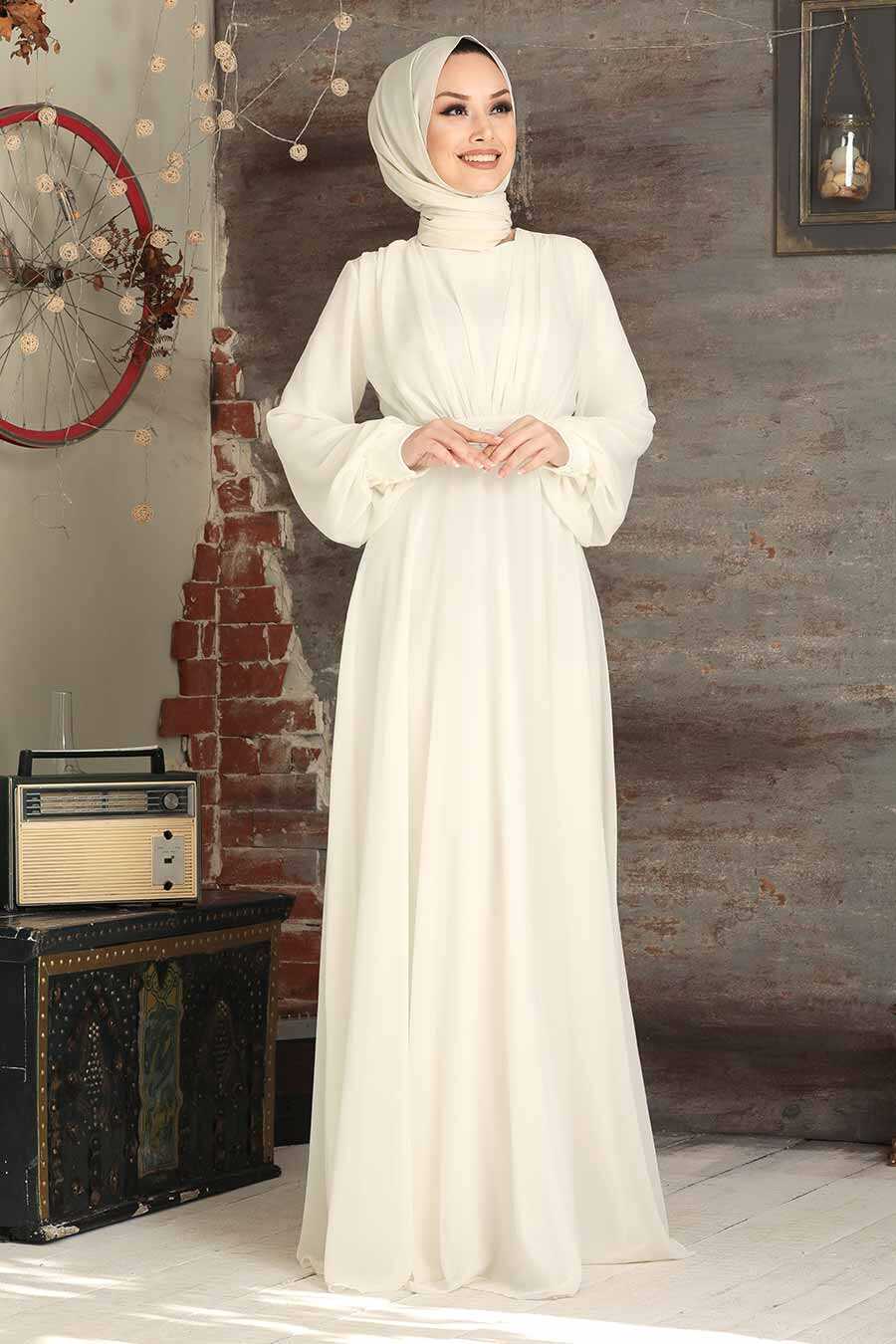Neva Style - Plus Size Ecru Islamic Clothing Evening Dress 5422E