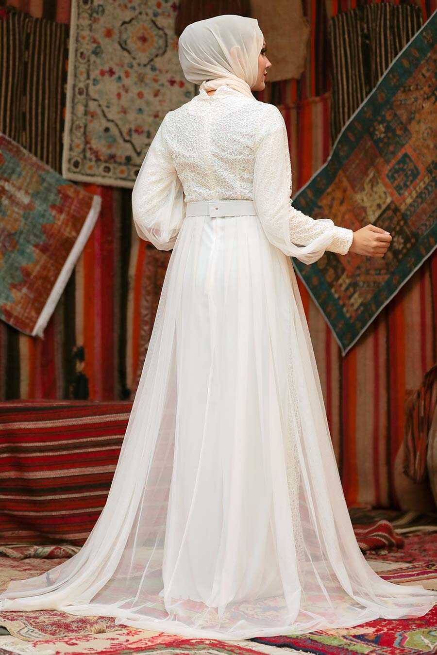 Neva Style - Ecru Turkish Hijab Prom Dress 5441E