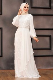 Neva Style - Elegant Ecru Islamic Clothing Prom Dress 5516E - Thumbnail