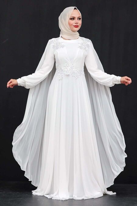  Elegant Ecru Muslim Long Sleeve Dress 9130E - NEVA STYLE