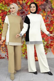 Ecru Hijab Knitwear Double Suit 23830E - 3