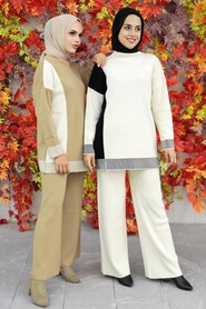 Ecru Hijab Knitwear Double Suit 23830E - 4