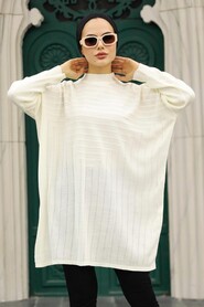 Ecru Hijab Knitwear Poncho 3404E - Thumbnail