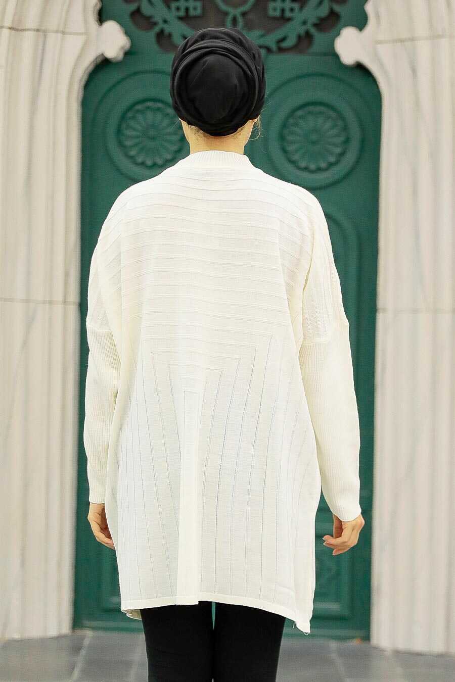 Ecru Hijab Knitwear Poncho 3404E