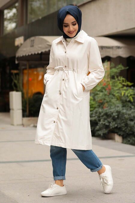 Ecru Hijab Leather Coat 1309E - NEVA STYLE