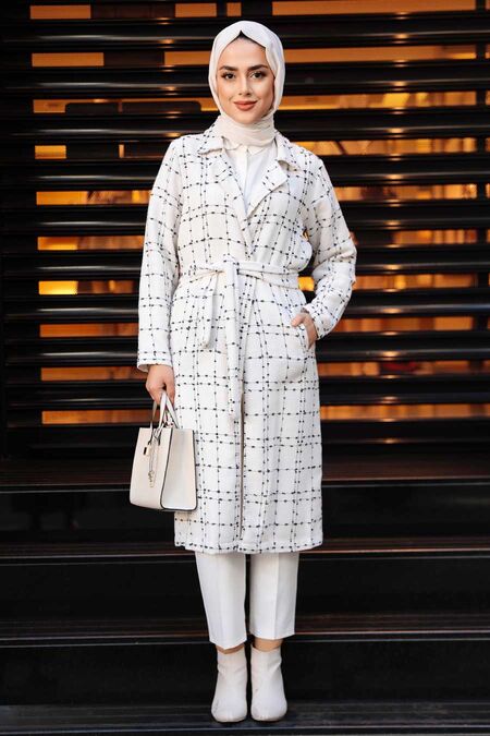 Ecru Hijab Stamp Coat 1324E - NEVA STYLE