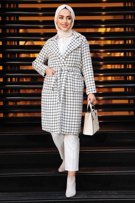 Ecru Hijab Stamp Coat 7164E - NEVA STYLE