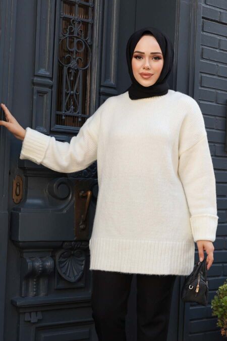 Ecru Knit Modest Sweater Tunic 87181E - NEVA STYLE