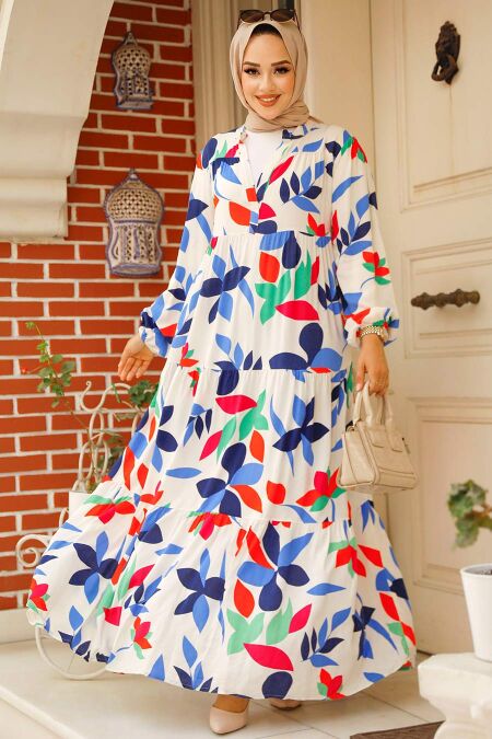Ecru Modest Floral Long Dress 35104E - NEVA STYLE