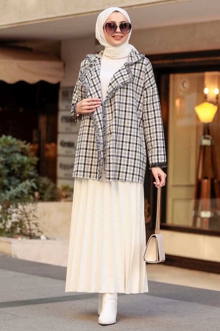 Ecru Tweed Hijab Blazer Jacket 1557E - NEVA STYLE