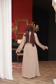 Embroidered Beige Modest Abaya 29114BEJ - 3