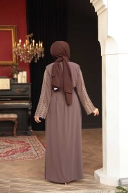 Embroidered Brown Modest Abaya 29114KH - 4
